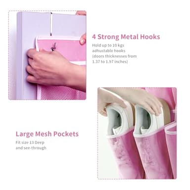 SAVERHO 35 Pockets Over the Door Shoe Organizer, Hanging Shoe Organizer for Door with 35 Mesh Pockets Large Capacity Shoe Hanging Storage Bag with 4 Metal Hooks (Pink-1Pack) - Image 5