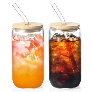 2 Pack Glass Cups with Bamboo Lids and Straws 16 oz, Gifts for Women, Drinking glasses set, Iced Coffee, Tea Cup, Cute Aesthetics Tumbler Cup, Mothers Day, Birthday Gifts for Her Mom - Image 1