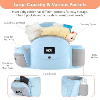 HKAI Baby Hip Carrier, Mom's Choice Award Winner, Adjustable Waistband & Breathable Mesh, Ergonomic Carrier with Non-Slip Hip Seat Surface for Newborns & Toddlers, Light Blue - Image 2