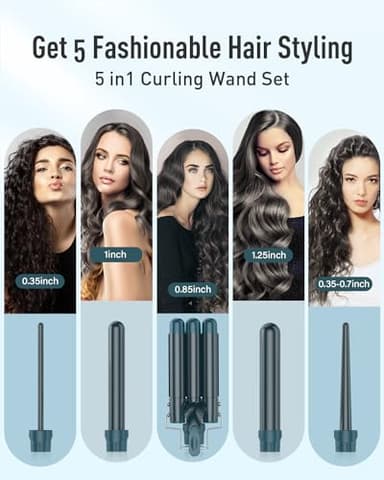 Waver Curling Iron Wand - BESTOPE PRO 5 in 1 Curling Wand Set with 3 Barrel Hair Crimper for Women, Fast Heating Crimper Wand Curler in All Hair Type - Green - Image 2