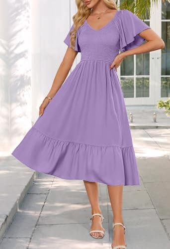 MEROKEETY Women's Summer Casual V Neck Ruffle Sleeve Smocked High Waist Midi Dress with Pockets, Purple, L - Image 2