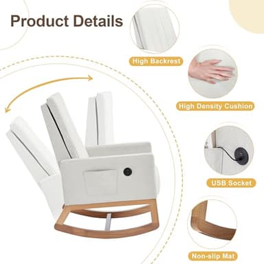 VECELO Rocking Chair Nursery Upholstered Modern Glider Rocker with Padded Seat High Backrest USB Port Comfy Armchair and Side Pocket for Living Room Bedroom Balcony Offices, White - Image 5