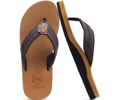 KuaiLu Men's Leather Flip Flops Arch Support Summer Beach Pool Water Thong Sandals Waterproof Rubber Walking Shoes Slip on Orthotic Casual Sport Cushioned Wide Slides Shower Slippers Khaki Size 10.5 - Image 1