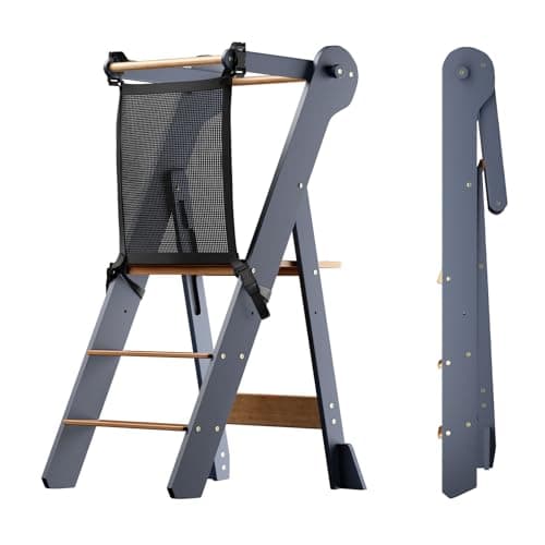 COSYLAND Foldable Toddler Standing Tower - Adjustable Height Folding Step Stool Kids Toddler Kitchen Stool Helper for Learning and Cooking - Ages 18 Months to 6 Years with Safety net Natural & Grey - Image 1