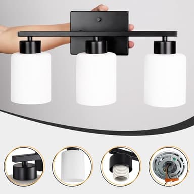 FonmYim Black Bathroom Light Fixtures, 3-Light Modern Vanity Light Over Mirror, Wall Sconces with Milky White Frosted Glass Shades, E26 Socket (Bulbs Not Included) - Image 7