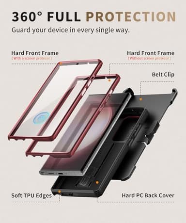 TONGATE for Samsung Galaxy S23 Ultra Case, [Built-in Slide Camera Cover & Screen Protector] [2 Front Frame] Military Grade Shockproof S23 Ultra Phone Case with Kickstand & Belt-Clip 6.8", Maroon - Image 5