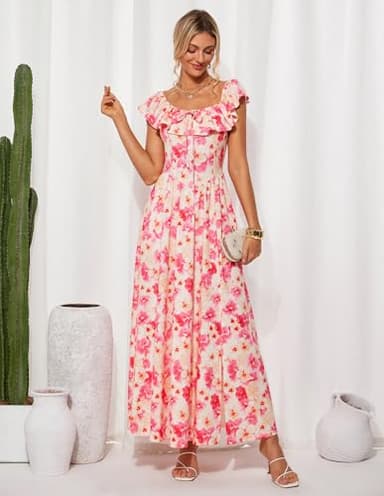 Women's Summer Dresses Ruffle Off Shoulder Trendy Corset Sundress Beach Long Maxi Outfits Pink Yellow XXL - Image 5
