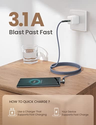 AINOPE Type C Cable [3-Pack, 6.6FT] Right Angle, 3.1A USB Type C Cable Fast Charging, Nylon Braided Type C Charging Cable Fast Charger Compatible with Samsung Galaxy S10 S9 S8 S20 Plus, Note 10 9 8 - Image 3
