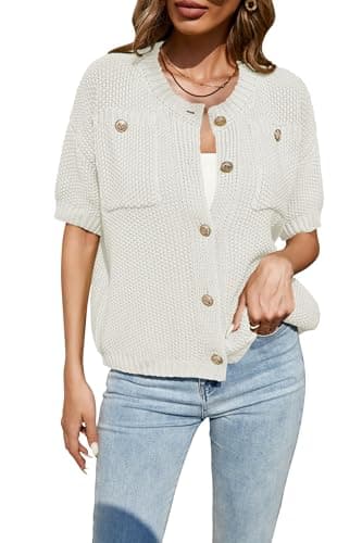 Cakulo Womens Short Sleeve Sweater Vest Button Down Cardigans Chunky Knit Sweaters Tops White XL - Image 1