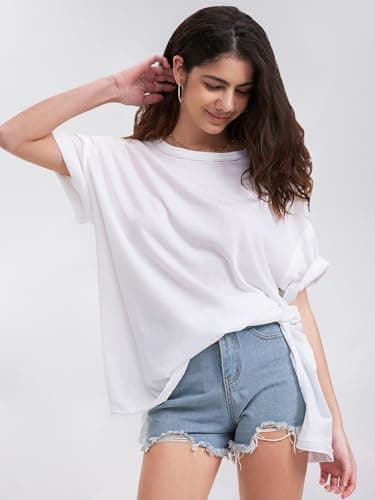 EXLURA Womens Summer Oversized T Shirts 2025 Casual Short Sleeve Loose Maternity Tops Crewneck Tunic Plus Gym Workout Top White - Image 3