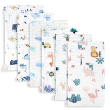 Maliton Muslin Baby Burp Cloths 6 Pack Large 20''x10'' 100% Cotton Burp Rags Absorbent and Soft 6 Layers Muslin Cloth Baby Essentials for Newborn(Animals and Cars, Pack of 6) - Image 1