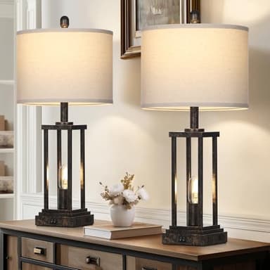 27" Tall Farmhouse Table Lamps with Night Light, Bronze Industrial End Table Lamp for Living Room, Rustic Bedside Lamps Set Of 2 with USB C+A Ports & AC Outlet, Vintage Bedroom Lamp for Nightstand - Image 2