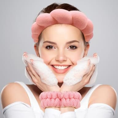 Zkptops Spa Headband for Washing Face Wristband Set Sponge Makeup Skincare Terry Cloth Bubble Soft Get Ready Hairband for Women Girl Puffy Padded Headwear Non Slip Thick Hair Accessory(Orange Pink) - Image 2