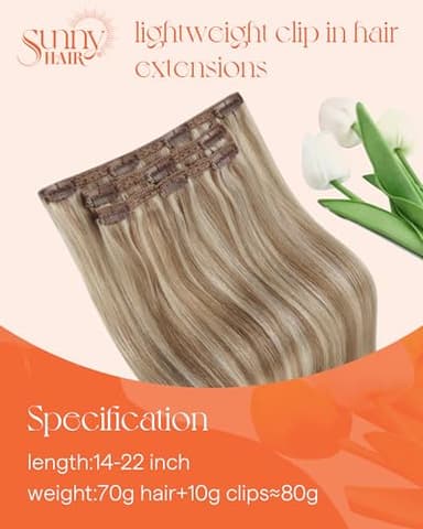 Sunny Hair Clip in Hair Extensions Straight Human Hair Clip in Extensions Remy Clip in Hair Extensions Real Human Hair Extensions Clip ins Light Brown Highlights Blonde 16inch #10/60 - Image 2