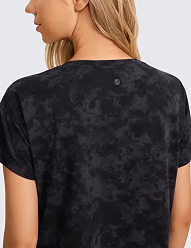 CRZ YOGA Women's Pima Cotton Workout Short Sleeve Shirts Loose Athletic Crop Tops Gym Casual Cropped T-Shirt Tie Dye Smoke Ink Medium - Image 3