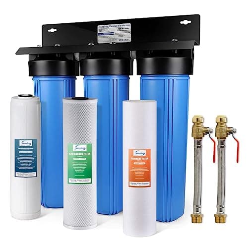 iSpring WGB32B-PB 3-Stage Whole House Water Filtration System (w/ 20” x 4.5” Fine Sediment, Carbon Block, and Lead Reducing Filters) w/ 3/4'' Push-Fit Stainless Steel Hose Connectors - Image 1