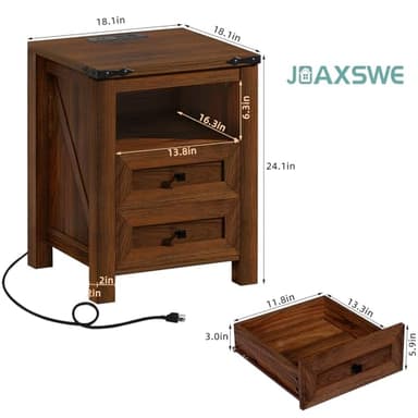 Joaxswe Nightstands Set of 2 with Charging Station, Farmhouse Side End Table with 2 Drawers and Open Shelf, Wood Rustic Sofa Table, Bedside Cabinet for Bedroom, Living Room, Closet, Office(Brown) - Image 3