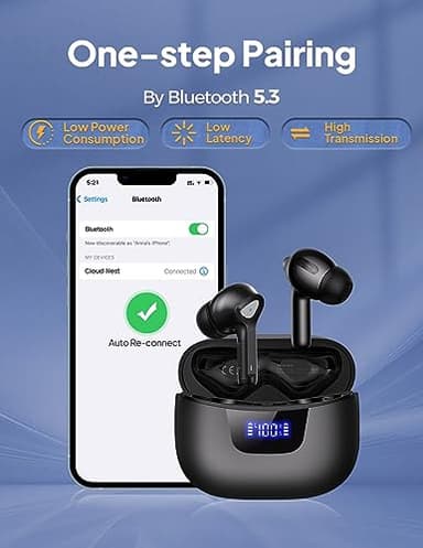 Wireless Earbuds Bluetooth V5.3 Headphones 50H Playback Deep Bass Stereo Ear Buds with LED Power Display Charging Case IPX7 Waterproof Earphones with Mic Headset for Laptop Pad Android/iOS Phones - Image 5
