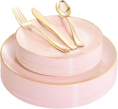 YOUBET 125PCS Pink Plastic Plates - Pink Disposable Plates With Gold Rim - Pinks and Gold Plates Include 25 Dinner Plates, 25 Dessert Plate, 75 Cutlery for Party Wedding Birthday - Image 1
