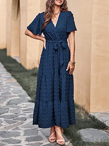 MASCOMODA Dresses for Women 2025 Short Flutter Sleeve Tiered Maxi Swiss Dot Solid V Neck Wedding Guest Dress with Belt(Navy,X-Large) - Image 4