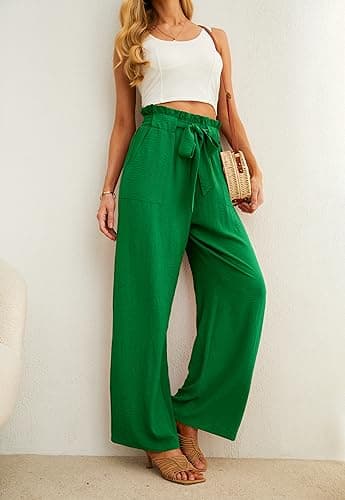 IWOLLENCE Women's Wide Leg Pants with Pockets High Waist Adjustable Knot Loose Casual Trousers Business Work Casual Pants Dark Green XX-Large - Image 3