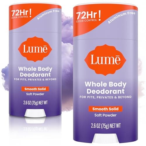 Lume Whole Body Deodorant - Smooth Solid Stick - 72 Hour Odor Control - Aluminum Free, Baking Soda Free and Skin Safe - 2.6 Ounce (Pack of 2) (Soft Powder) - Image 1