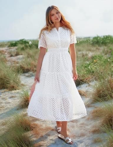 ZESICA Women's 2025 Summer Short Sleeve Maxi Dress Casual V Neck Hollow Out Eyelet Ruffle Swing A Line Long Dresses,White,Medium - Image 5