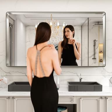 LOAAO 84X32 Inch Brushed Nickel Bathroom Mirror, Rounded Rectangle Silver Metal Frame Mirror, Brushed Nickel, Anti-Rust, Hangs Horizontally or Vertically - Image 2