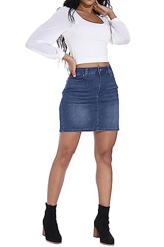 GUANYY Womens Mini Jean Skirt Stretch High Rise Casual Slim Fit Classic Elastic Denim Skirts Summer 2025 Blue Medium - Image 2