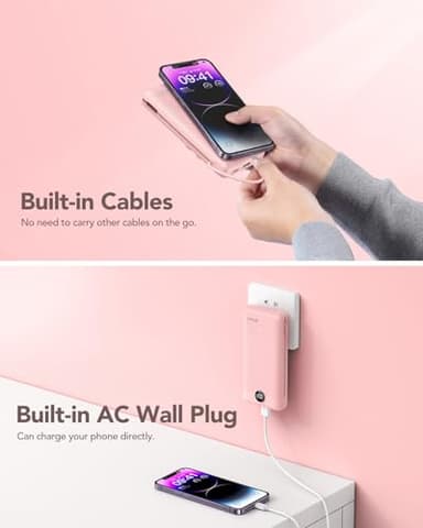 VRURC Portable Charger 20000mAh, Fast Charging Power Bank USB C,4 Output 2 Input Travel Essentials Charging Bank Equipped with LED Display,Built-in Wall Plug and Cables,Phone Charger Battery,Pink - Image 9