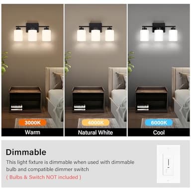 FonmYim Black Bathroom Light Fixtures, 3-Light Modern Vanity Light Over Mirror, Wall Sconces with Milky White Frosted Glass Shades, E26 Socket (Bulbs Not Included) - Image 6