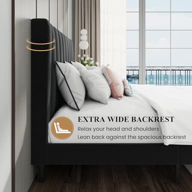 SHA CERLIN Queen Bed Frame/Velvet Upholstered Platform Bed Frame with Headboard/Strong Wood Slats Support/Mattress Foundation/No Box Spring Needed - Black - Image 6