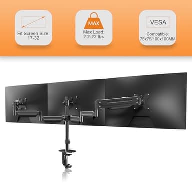 Pholiten Triple Monitor Desk Mount,Triple Gas Spring Monitor Arm for 17-32 inch LCD Computer Screens,Holds up to 22lb,Swivel, Tilt, Rotation, Clamp & Grommet Kit - Image 3