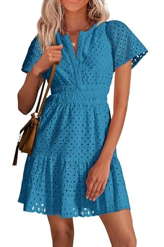 PRETTYGARDEN Womens 2025 Summer Short Dress V Neck Short Sleeve A Line Hollow Out Lace Ruffle Cute Casual Beach Party Dresses (Lake Blue,Large) - Image 1
