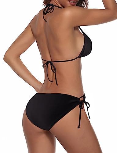 Zonsaoja Women String Bikini Set Halter Side Tie Two Piece Swimsuit Triangle Bathing Suits Black S - Image 3