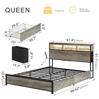 HAUSOURCE Queen Bed Frame with Bookcase Headboard and 2 Drawers LED Lights Metal Platform Non-Slip Without Noise Strong Metal Slats Support No Box Spring Needed (Greige, Queen) - Image 2
