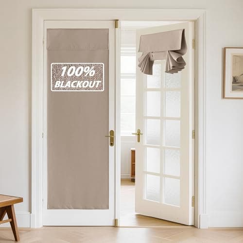 RYB HOME 100% Blackout Linen Door Window Curtains for French Door, Tricia Room Darkening Adhesive Privacy Assured Thermal Insulated Blinds for Kitchen Glass Window, W 26 x L 69, 1 Panel, Mocha - Image 1