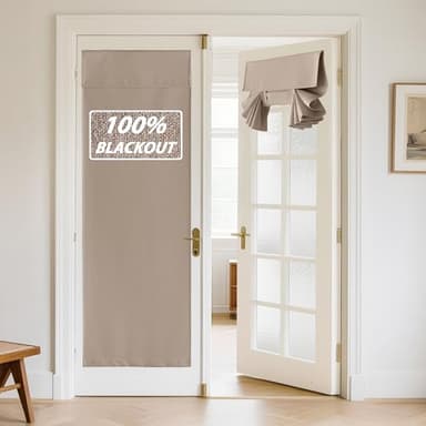 RYB HOME 100% Blackout Linen Door Window Curtains for French Door, Tricia Room Darkening Adhesive Privacy Assured Thermal Insulated Blinds for Kitchen Glass Window, W 26 x L 69, 1 Panel, Mocha - Image 1
