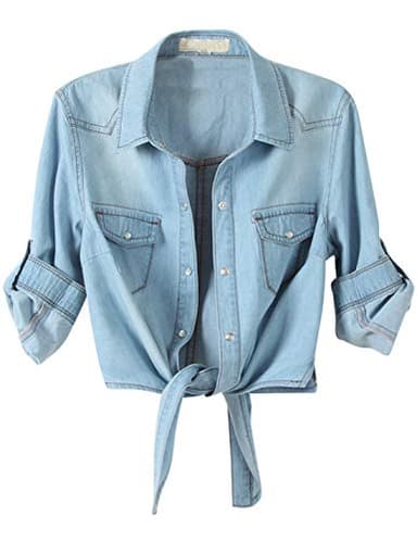 Omoone Women's 3/4 Sleeve Denim Crop Top Tie Knot Shirt Cardigan (0774-Light Blue-L)