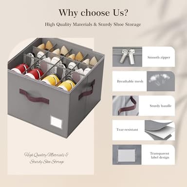 Criusia Shoe Organizer for Closet, 2 Pack Shoe Organizer with Transparent Cover and Sturdy Handles, Closet Shoe Storage for Sneakers Sandals Slippers, Fit 12-16 Pairs, Gray - Image 3