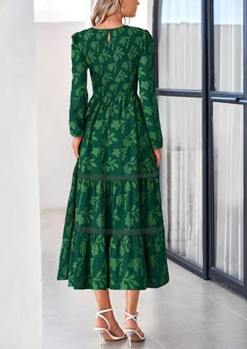 PRETTYGARDEN Long Sleeve Dress for Women 2025 Fall Elegant Modest Floral Boho Smocked Flowy Wedding Guest Midi Dresses (Dark Green,X-Large) - Image 2