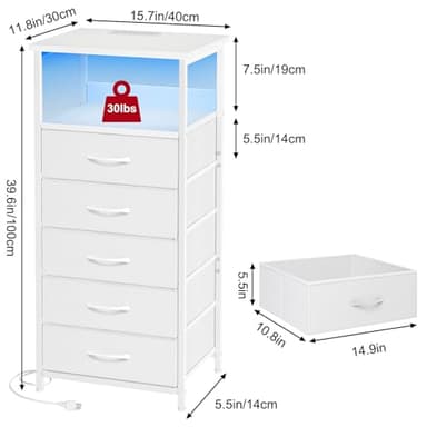 Fixwal Tall Nightstand with Charging Station and LED Lights, Night Stand with PU Finish Fabric Storage Drawers, 5 Drawer Dresser, White - Image 3
