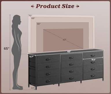 Huuger 63 Inch Long Dresser for Bedroom, TV Stand for 65, 70 Inch TV, 12 Drawer Dresser for Closet, Chest of Drawers, Large Fabric Drawers for Bedroom, Media Console with Storage, Black - Image 2