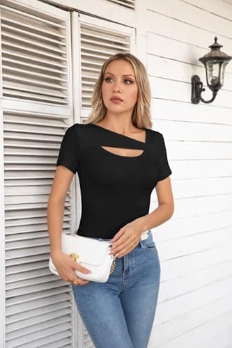VICHYIE Short Sleeve Shirts for Women Cutout Tops Ribbed Slim Fitted Summer One Piece Square Neck Pullover Tee Cute Tshirts Black M - Image 7