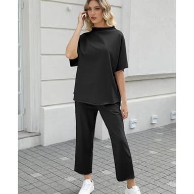 SeeLuNa Women's Two Piece Outfits 3/4 Batwing Sleeve Capelet Crew Neck Pullover Top Wide Leg Pants Lounge Set(Black,XL) - Image 5