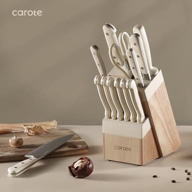 CAROTE 14 Pieces Knife Set with Block, Forged, High Carbon Stainless Steel Sharp Blade Block Knife Set, Dishwasher Safe Cutlery, Cream - Image 9