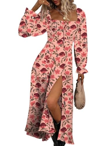 BLENCOT Womens Floral Square Neck Long Sleeve Dress Side Split Thigh Tie Front Flowy Boho Maxi Dresses Red Flroal Printed XL - Image 4