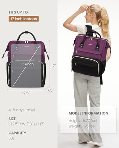 LOVEVOOK Laptop Backpack for Women Fashion Business Computer Backpacks Travel Bags Purse Doctor Nurse Work Backpack with USB Port, Fits 17-Inch Laptop Dark Purple-Black - Image 6