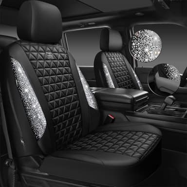 CAR PASS Bling Diamond Leather Car Seat Covers Full Seats Interior Sets, Waterproof Shining Glitter Sparkly Crystal Universal Armrest Fit Automotive Truck SUV Cute Women Girl, Black Silver Rhinestone - Image 2
