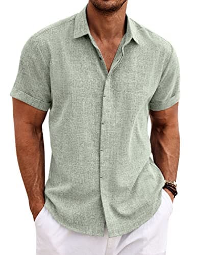 COOFANDY Men's Summer Beach Cotton Linen Short Sleeve Shirt Business Work Shirts Light Green - Image 1